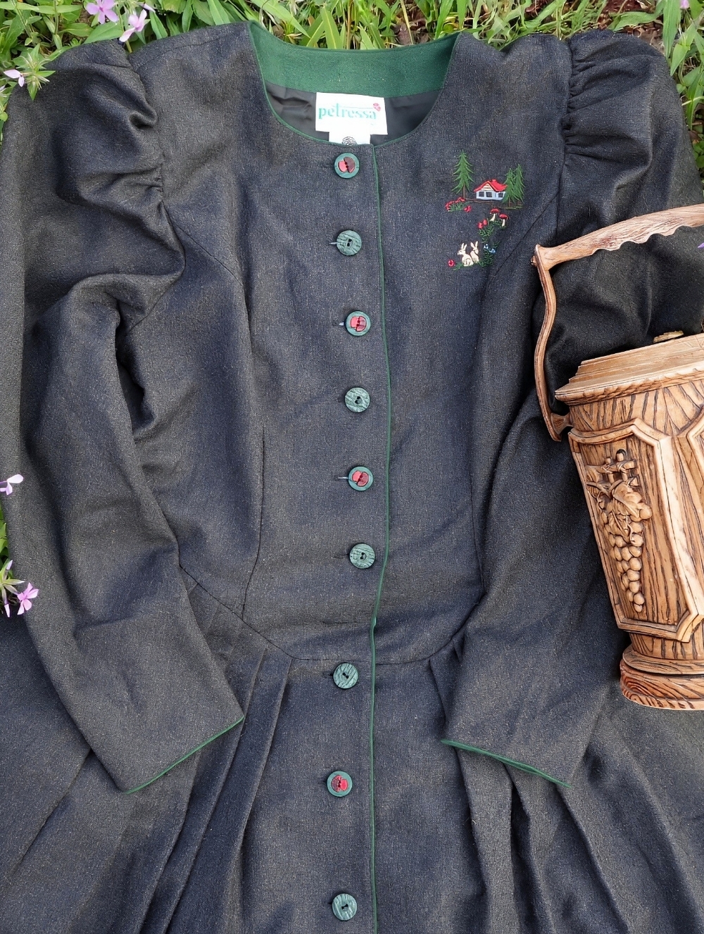 Vintage Wool Bavarian Dress with Puff Sleeves, Cottagecore Dirndl Austrian Dress